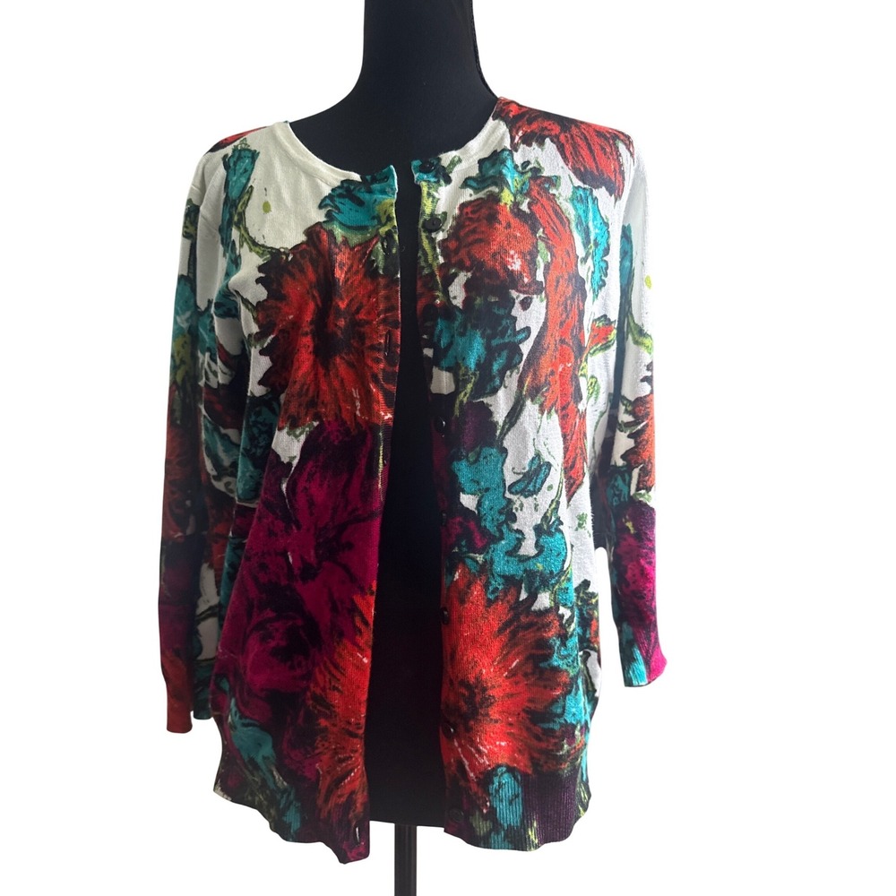 Joseph A Womens XL Floral Cardigan Sweater Button Front Silk Blend Multicolor